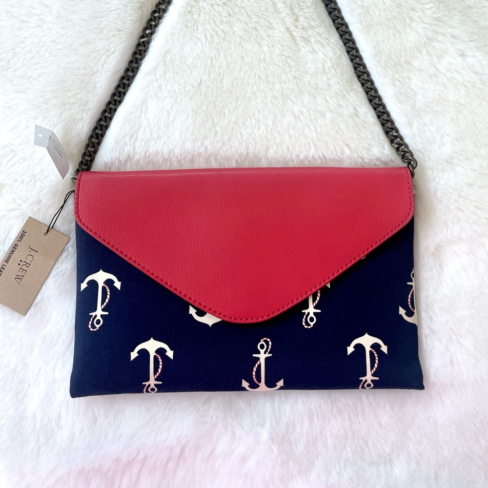 J. Crew Red and Navy Anchor Clutch New With Tags Genuine Leather Purse NWT
